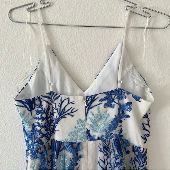 Nicole Miller White with Blue Floral Embroidered Sheer Overlay Maxi Dress - Picture 8 of 11